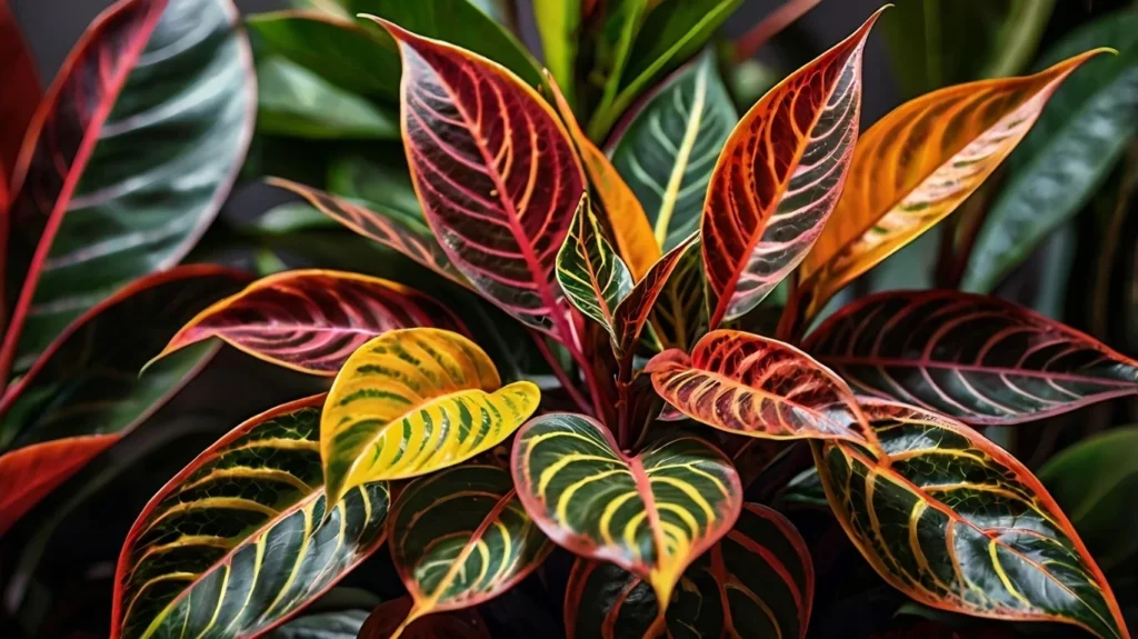 Close-up of croton leaves showcasing rich red, yellow, and green hues – Croton Plant Care for vibrant foliage