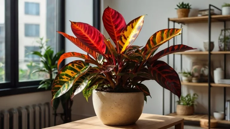 Vibrant croton plant with multicolored leaves in a decorative pot near a sunny window – Croton Plant Care tips for healthy growth.